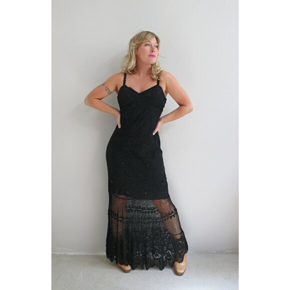 1990's Vintage Cache Black Fringe Cocktail Dress ~ Women's Small to Medium SM MD - Picture 7 of 10